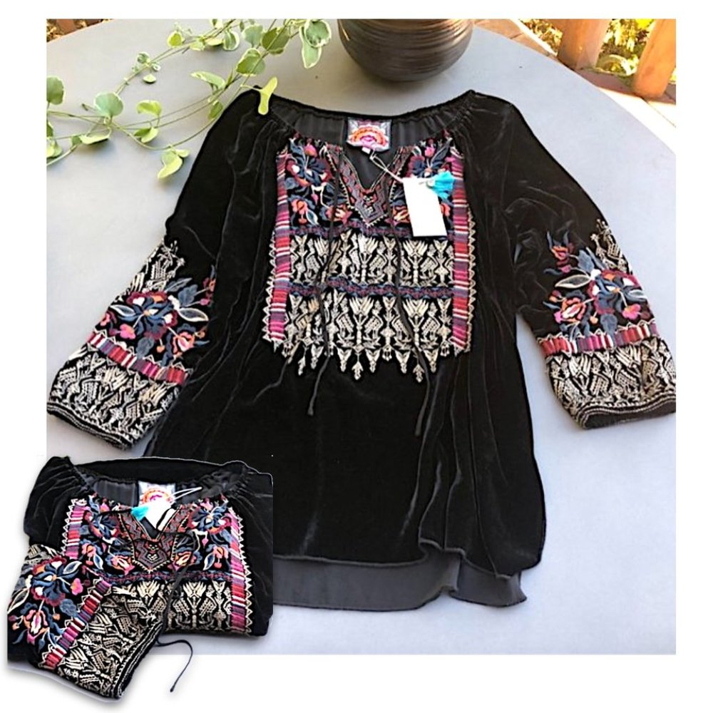 SOLD JOHNNY WAS CLAUDE VELVET PEASANT BLOUSE - Picture 1 of 6